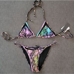 Kendall & Kylie Women's Mesh Trim Tie Dye Snake Triangle Bikini Set Size Medium
